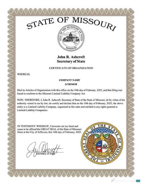 Download USA Missouri certificate of organization Word and PDF template Photoshop template